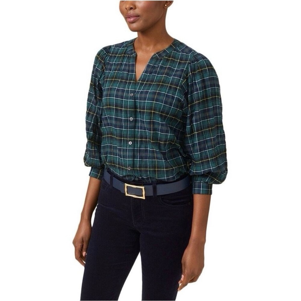 J.McLaughlin Button Down Split Neck Top in Green Plaid Tartan, Women's Size S